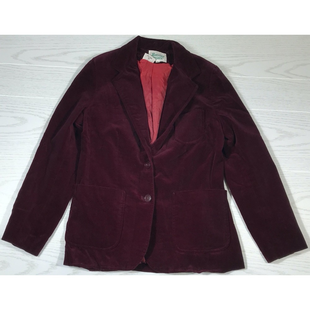 Vintage 80s Velour Blazer Women 9/10 Barclay Square 100% Cotton Red Lined Retro